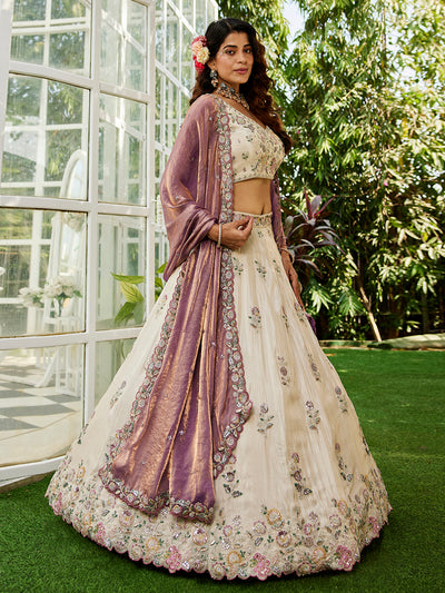 Tissue Fabric with Sequinse & Thread embroidery Semi-Stitched Lehenga choli & Dupatta