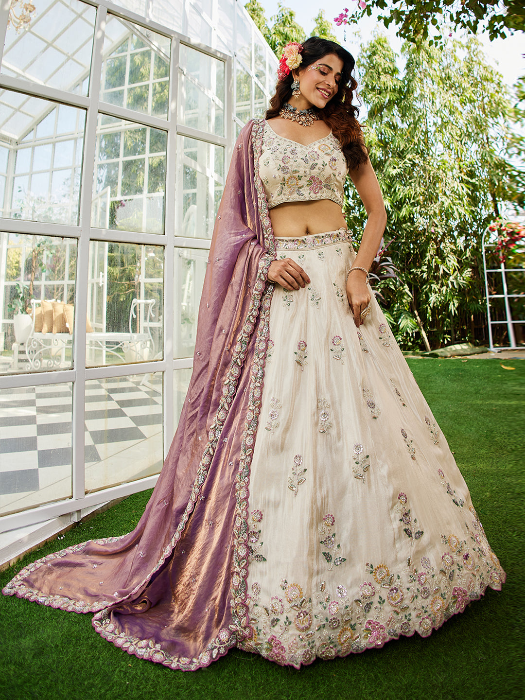 Tissue Fabric with Sequinse & Thread embroidery Semi-Stitched Lehenga choli & Dupatta