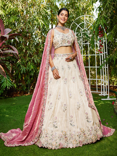 Tissue Fabric with Sequinse & Thread embroidery Semi-Stitched Lehenga choli & Dupatta