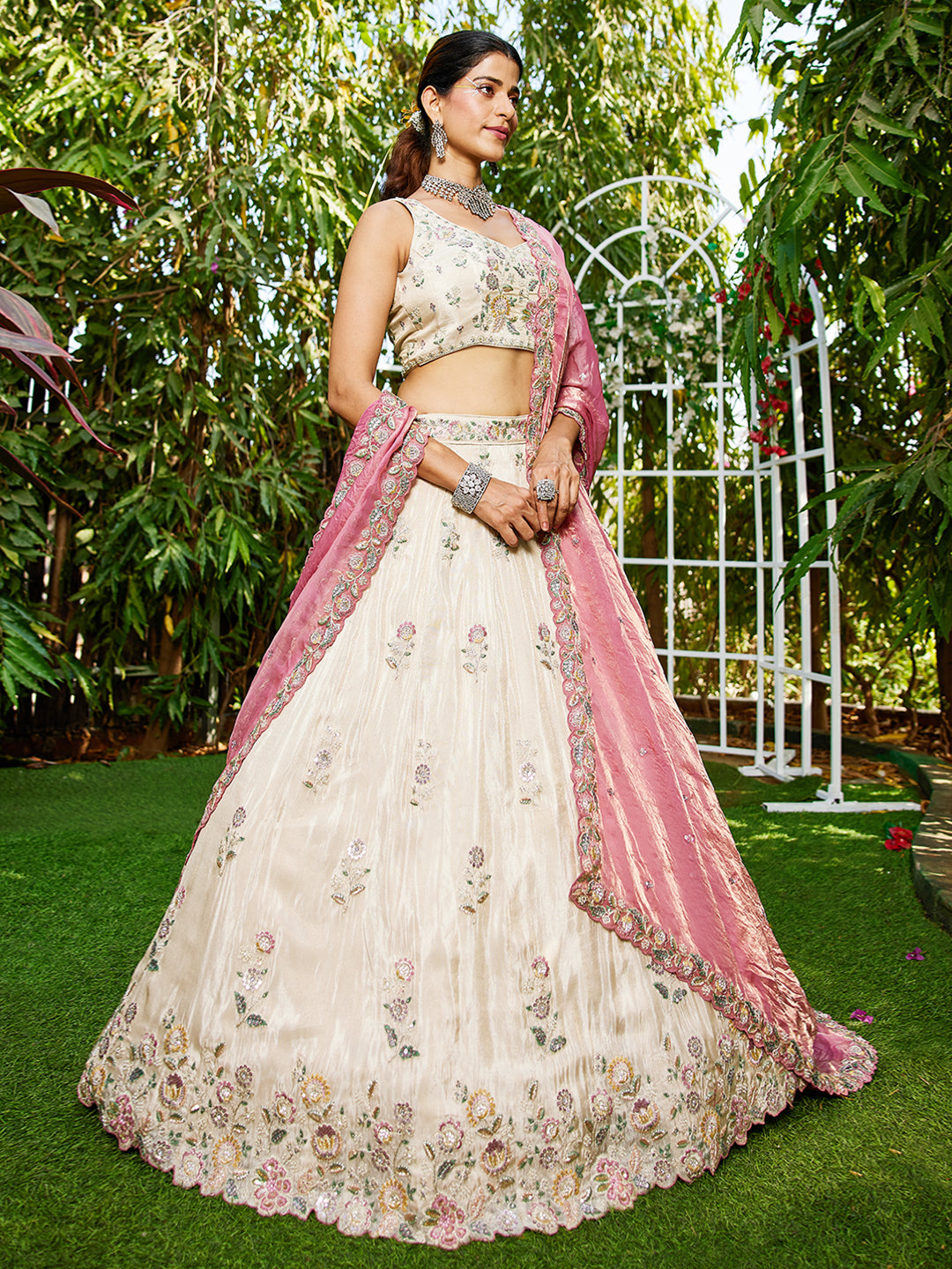 Tissue Fabric with Sequinse & Thread embroidery Semi-Stitched Lehenga choli & Dupatta