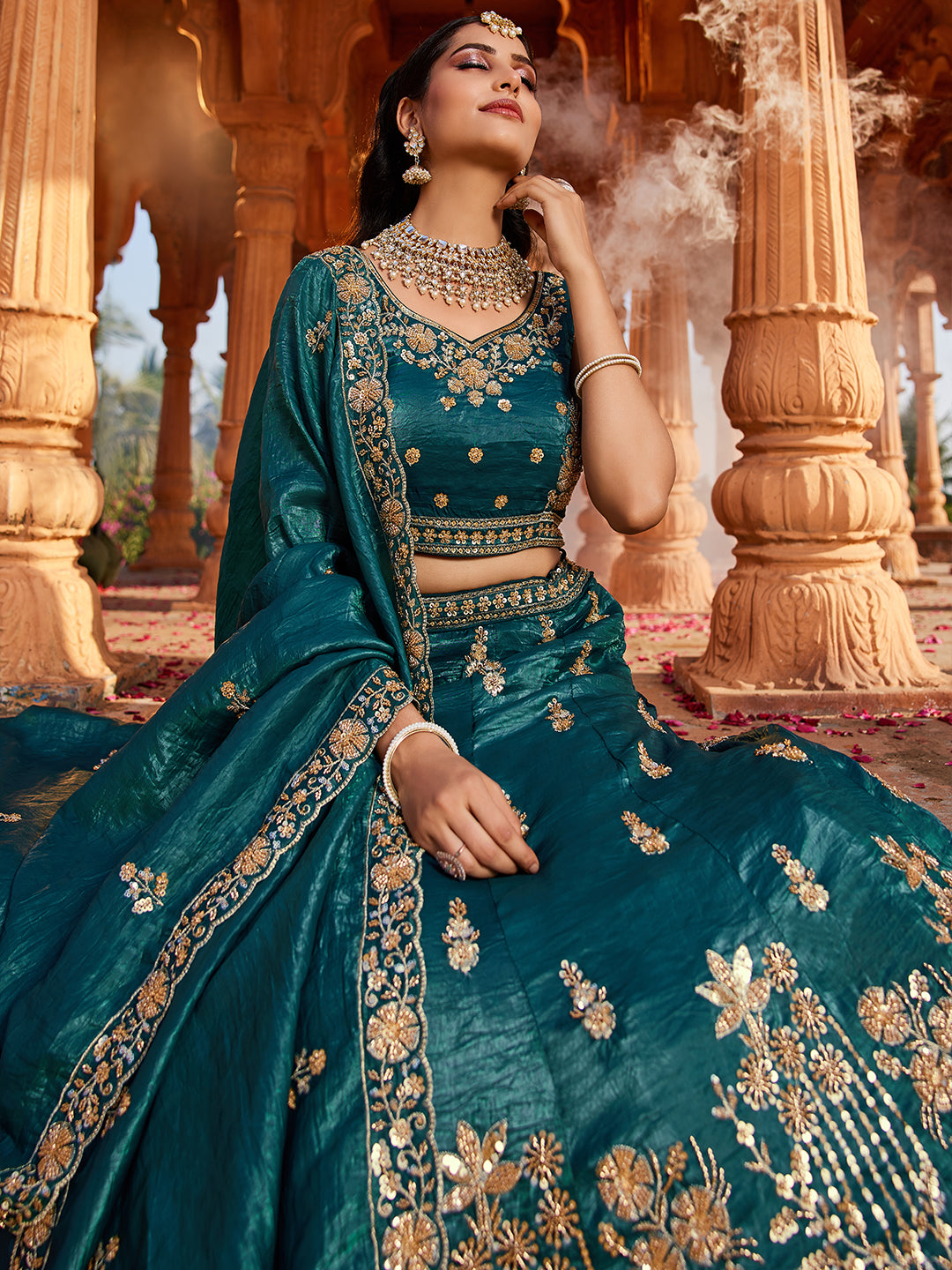 Tissue Fabric Handwork cutdana embroidery Semi-Stitched Lehenga choli & Dupatta