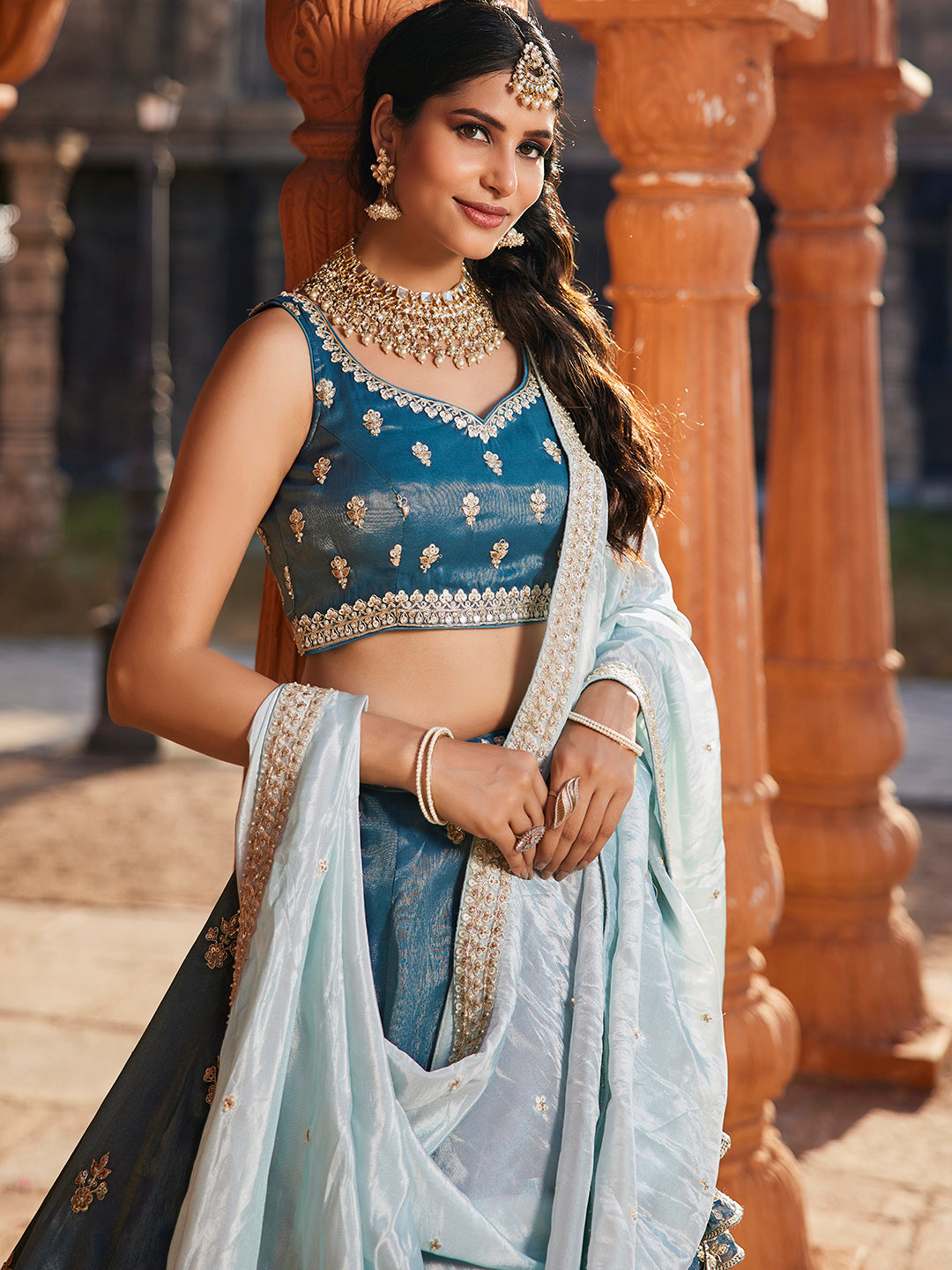 Tissue Fabric Sequinse embroidery Semi-Stitched Lehenga choli & Dupatta