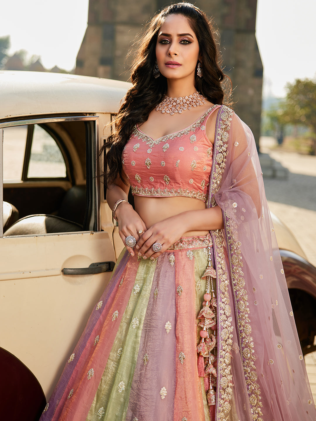 Tissue  FabricSequinse embroidery Semi-Stitched Lehenga choli & Dupatta