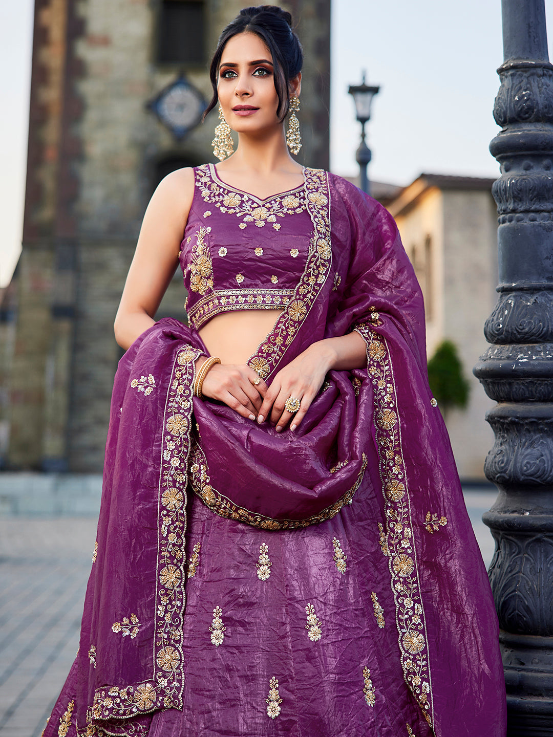 Tissue Fabric Handwork cutdana embroidery Semi-Stitched Lehenga choli & Dupatta