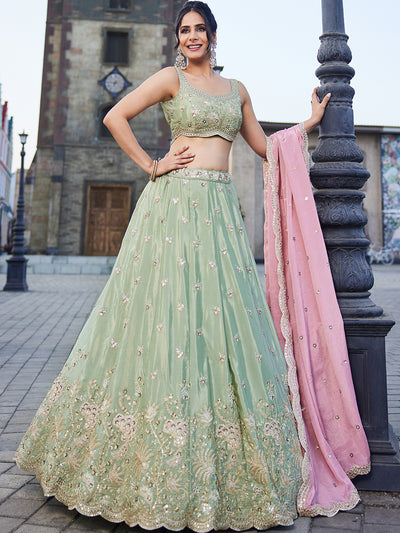 Satin Silk Fabric Sequins embroidery Semi-Stitched Lehenga choli & Dupatta