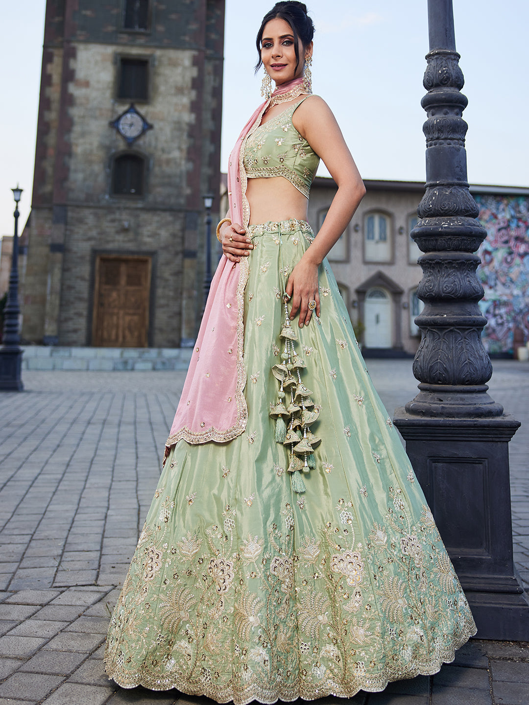 Satin Silk Fabric Sequins embroidery Semi-Stitched Lehenga choli & Dupatta