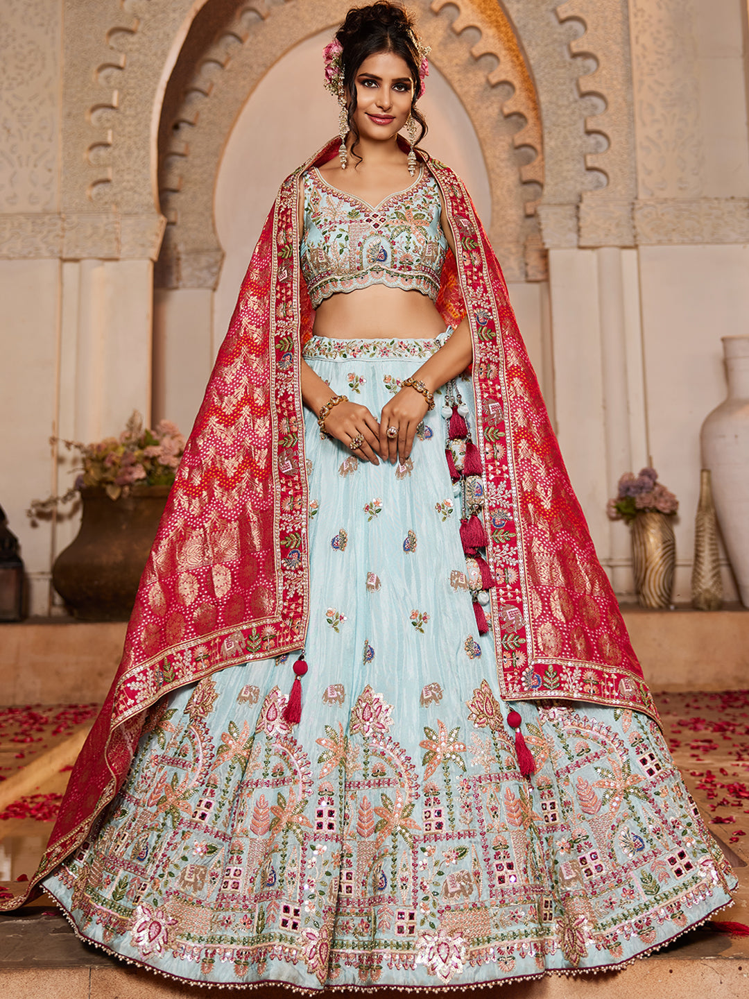 Tissue Mirror embroidery Semi-Stitched Lehenga choli & Dupatta
