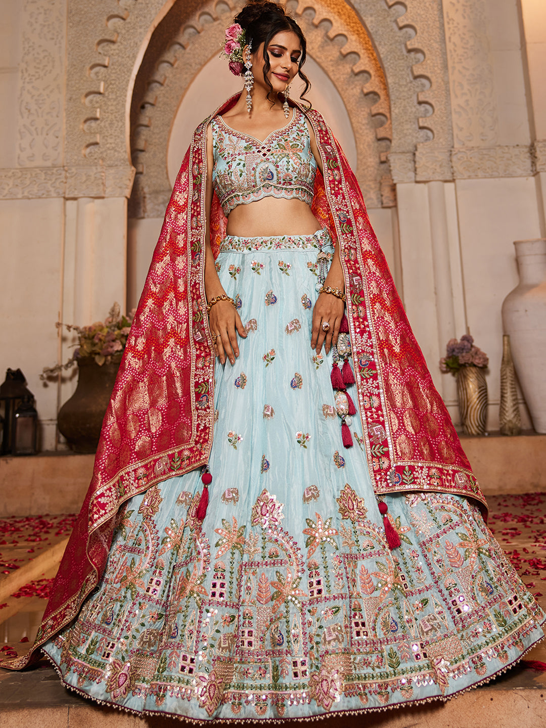 Tissue Mirror embroidery Semi-Stitched Lehenga choli & Dupatta