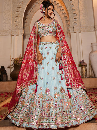 Tissue Mirror embroidery Semi-Stitched Lehenga choli & Dupatta
