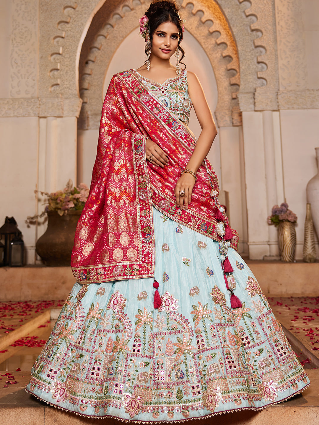 Tissue Mirror embroidery Semi-Stitched Lehenga choli & Dupatta