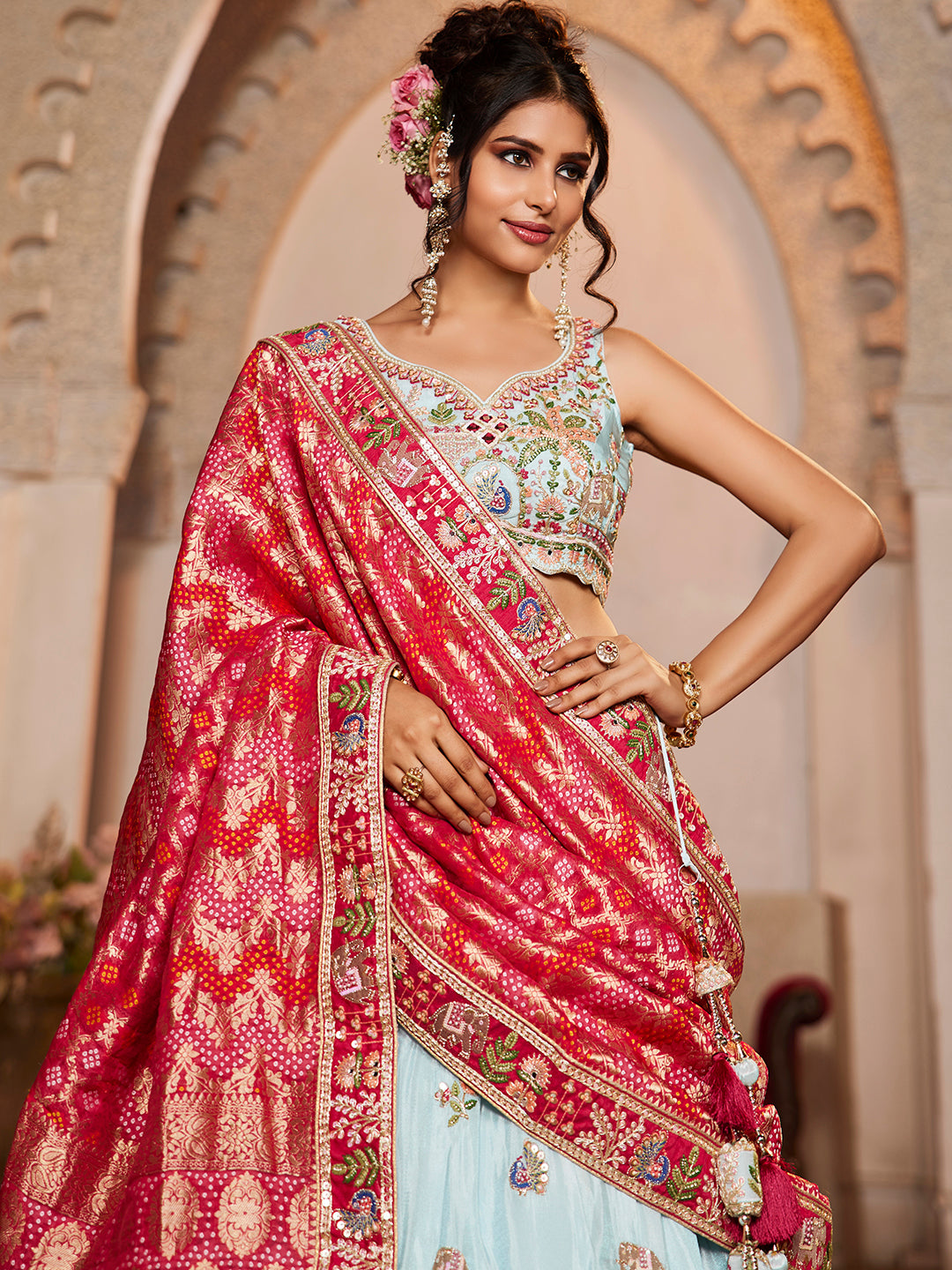 Tissue Mirror embroidery Semi-Stitched Lehenga choli & Dupatta
