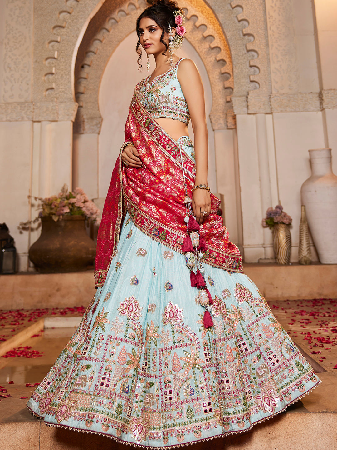 Tissue Mirror embroidery Semi-Stitched Lehenga choli & Dupatta