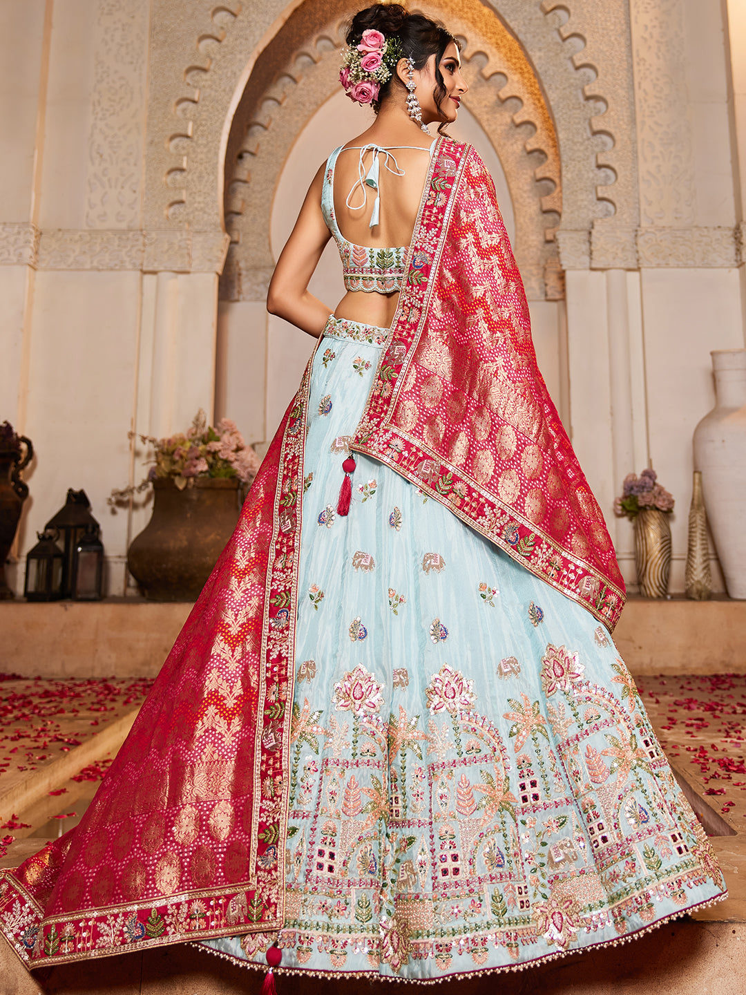 Tissue Mirror embroidery Semi-Stitched Lehenga choli & Dupatta