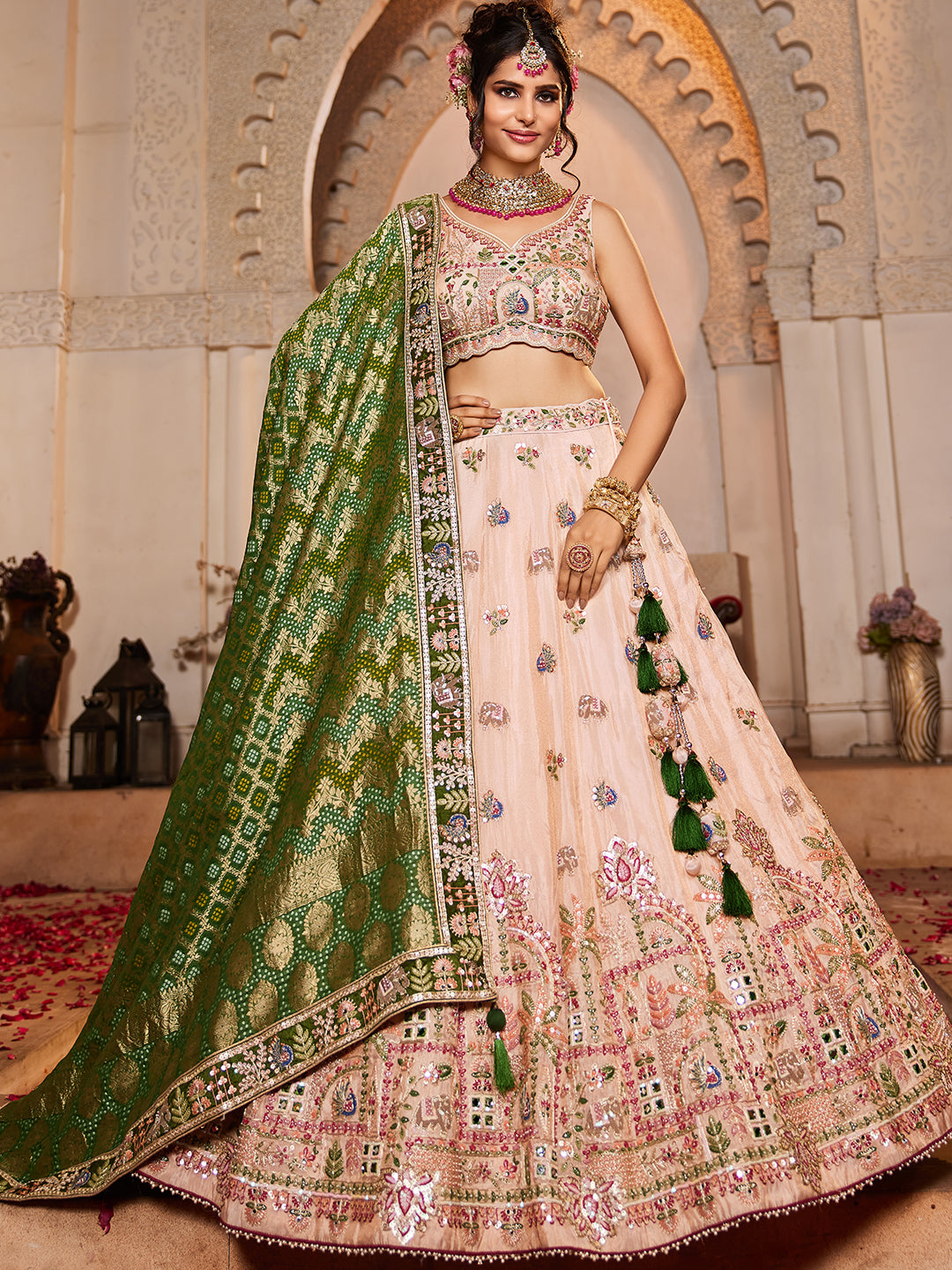 Tissue Mirror embroidery Semi-Stitched Lehenga choli & Dupatta