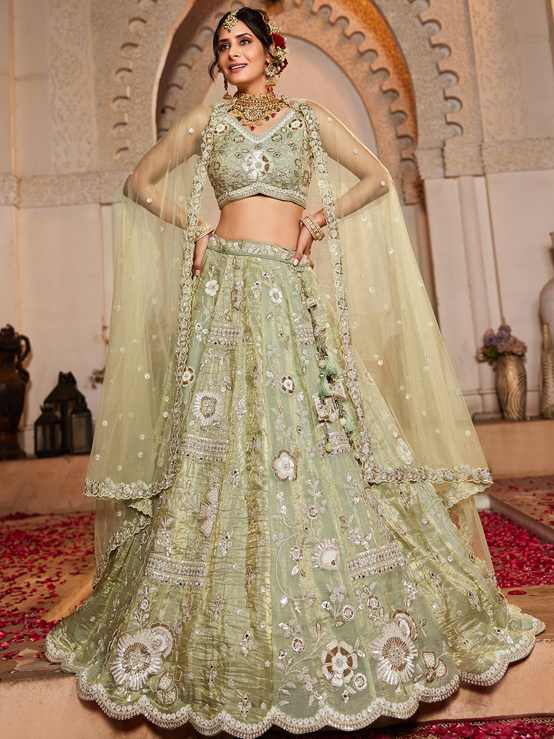 Tissue Fabric Sequins embroidery Semi-Stitched Lehenga choli & Dupatta