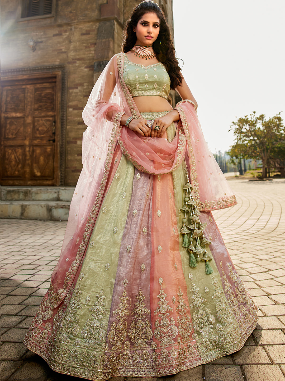 Tissue  FabricSequinse embroidery Semi-Stitched Lehenga choli & Dupatta