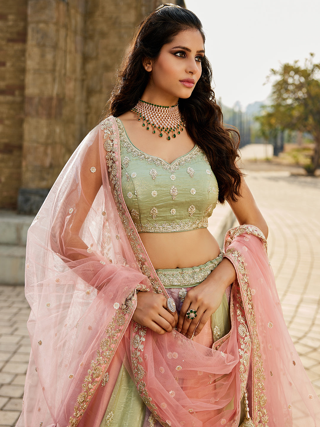 Tissue  FabricSequinse embroidery Semi-Stitched Lehenga choli & Dupatta