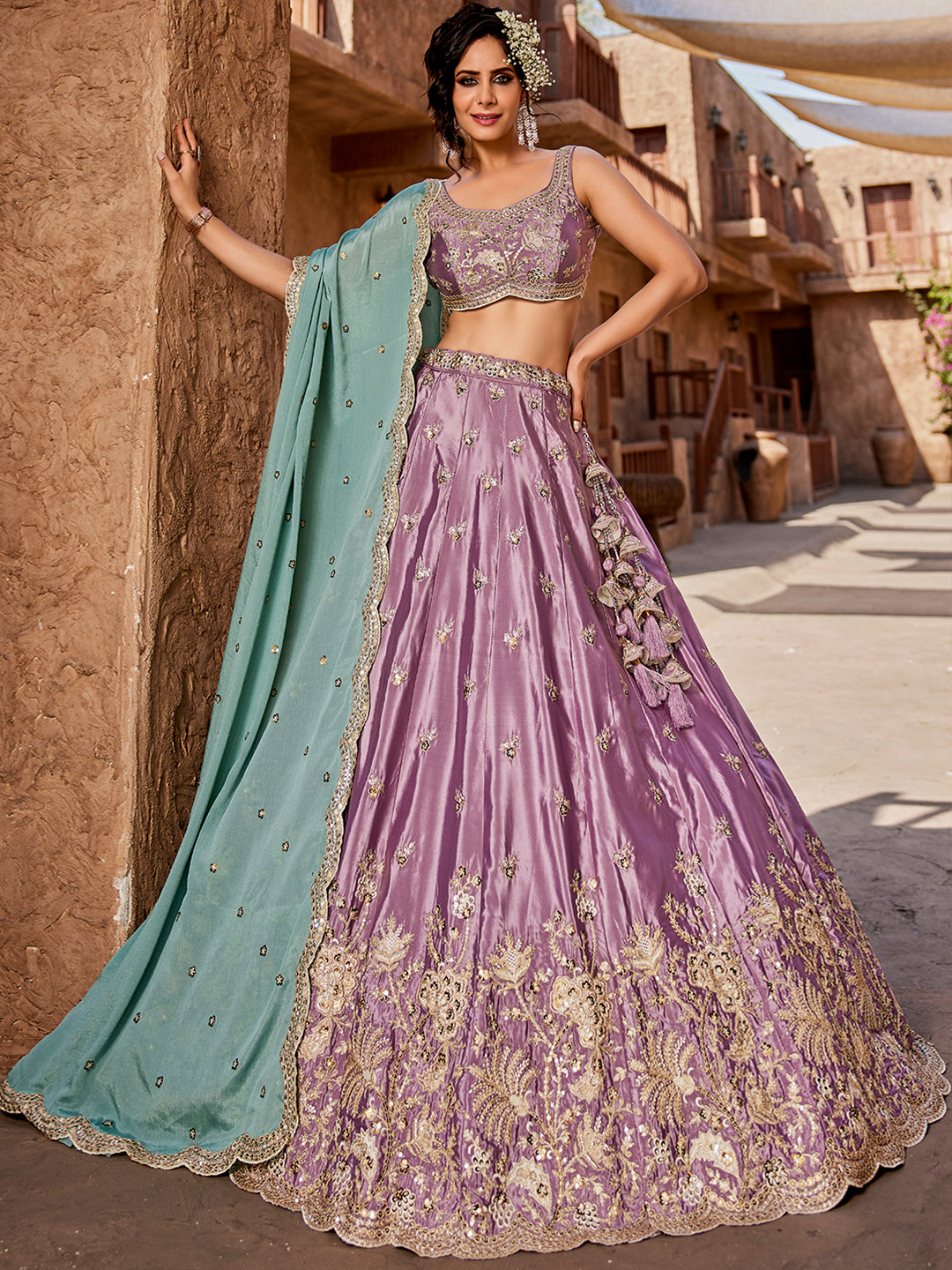 Satin Silk Fabric Sequins embroidery Semi-Stitched Lehenga choli & Dupatta