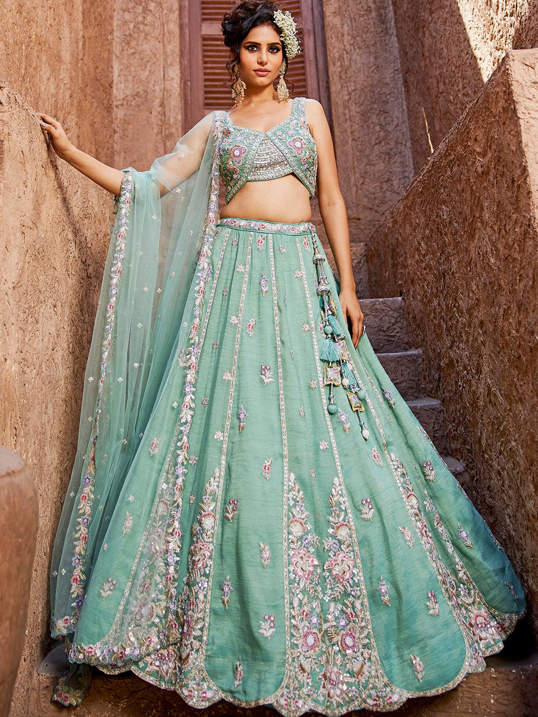 Tissue Fabric Sequinse embroidery Semi-Stitched Lehenga choli & Dupatta