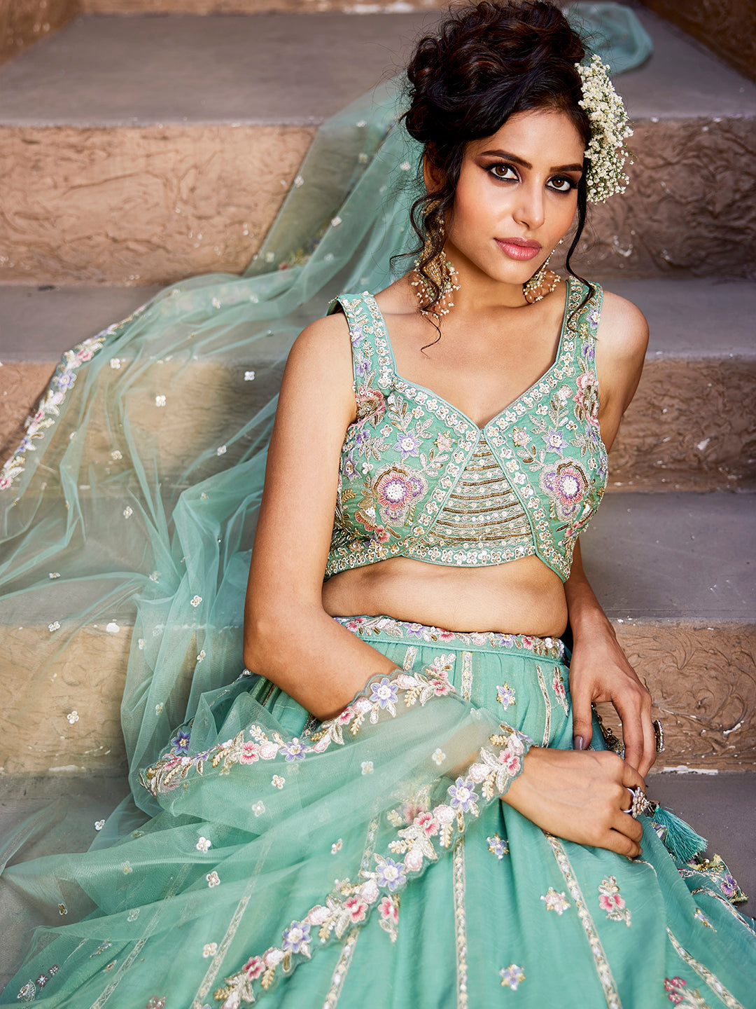 Tissue Fabric Sequinse embroidery Semi-Stitched Lehenga choli & Dupatta