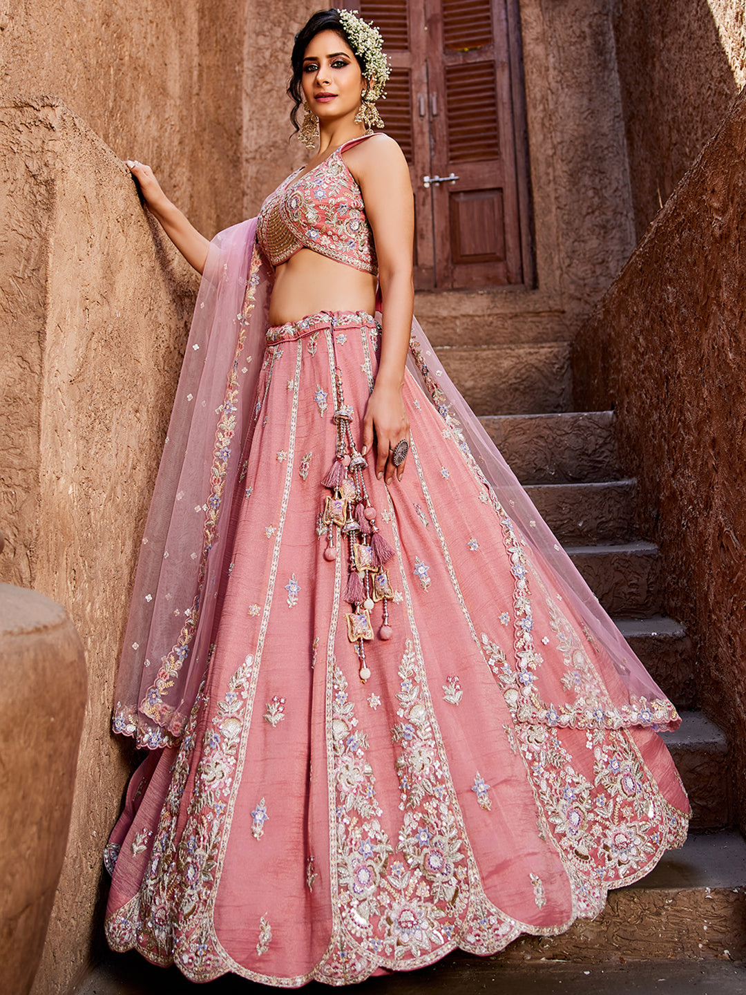 Tissue Fabric Sequinse embroidery Semi-Stitched Lehenga choli & Dupatta