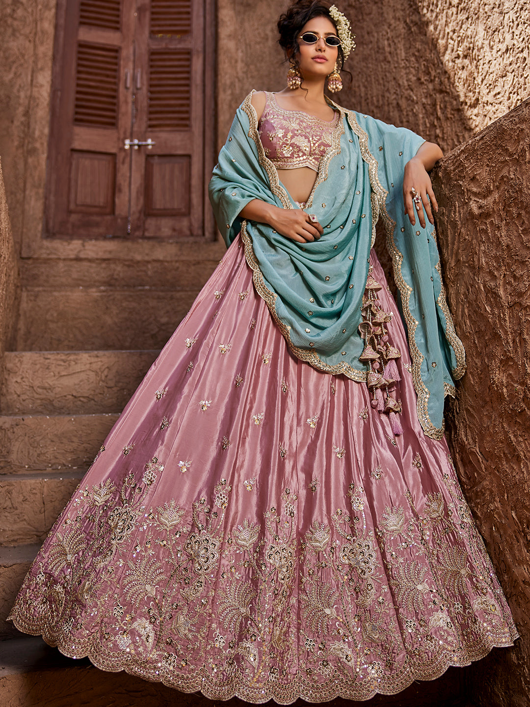 Satin Silk Fabric Sequins embroidery Semi-Stitched Lehenga choli & Dupatta