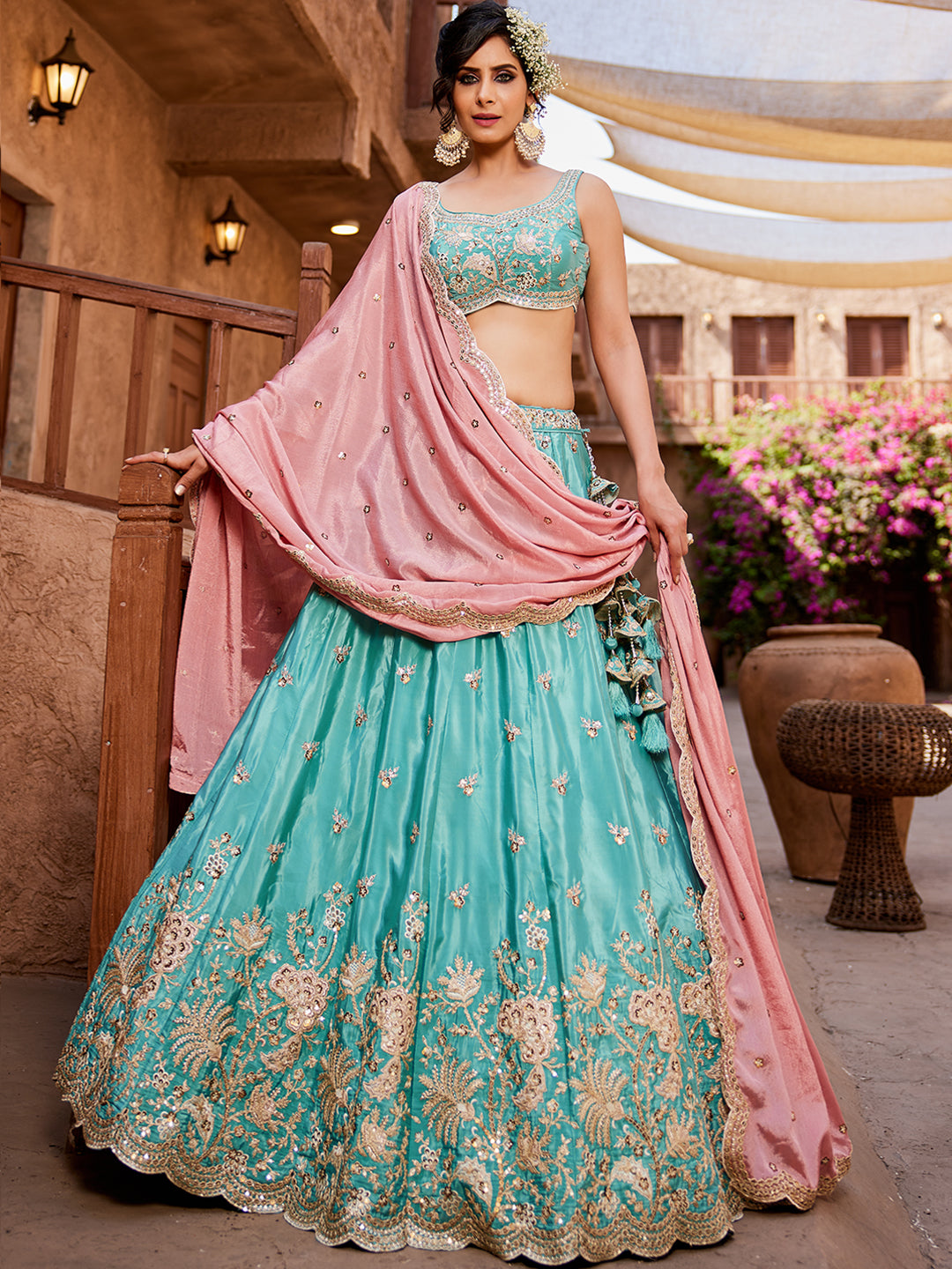 Satin Silk Fabric Sequins embroidery Semi-Stitched Lehenga choli & Dupatta