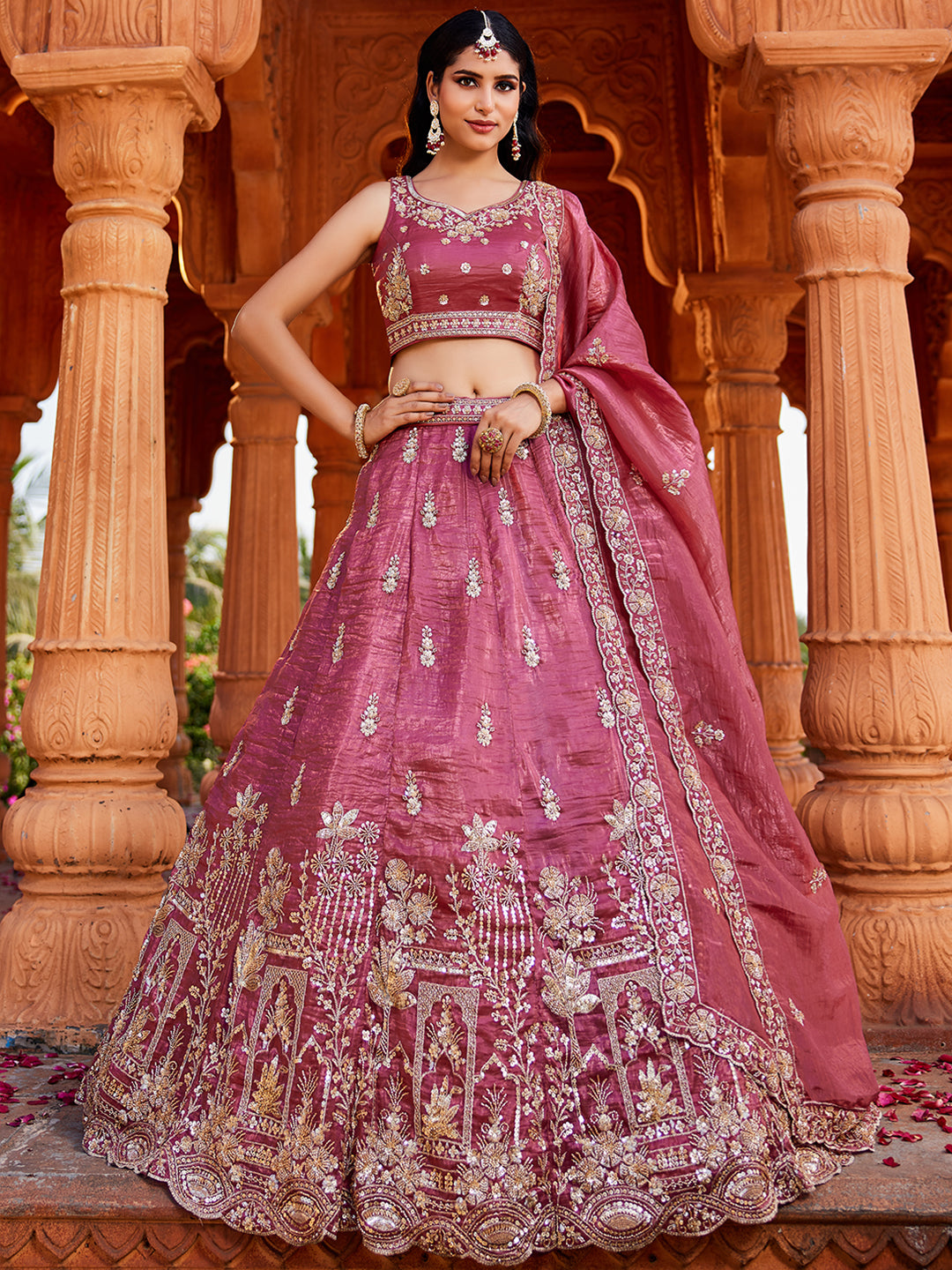 Tissue Fabric Handwork cutdana embroidery Semi-Stitched Lehenga choli & Dupatta