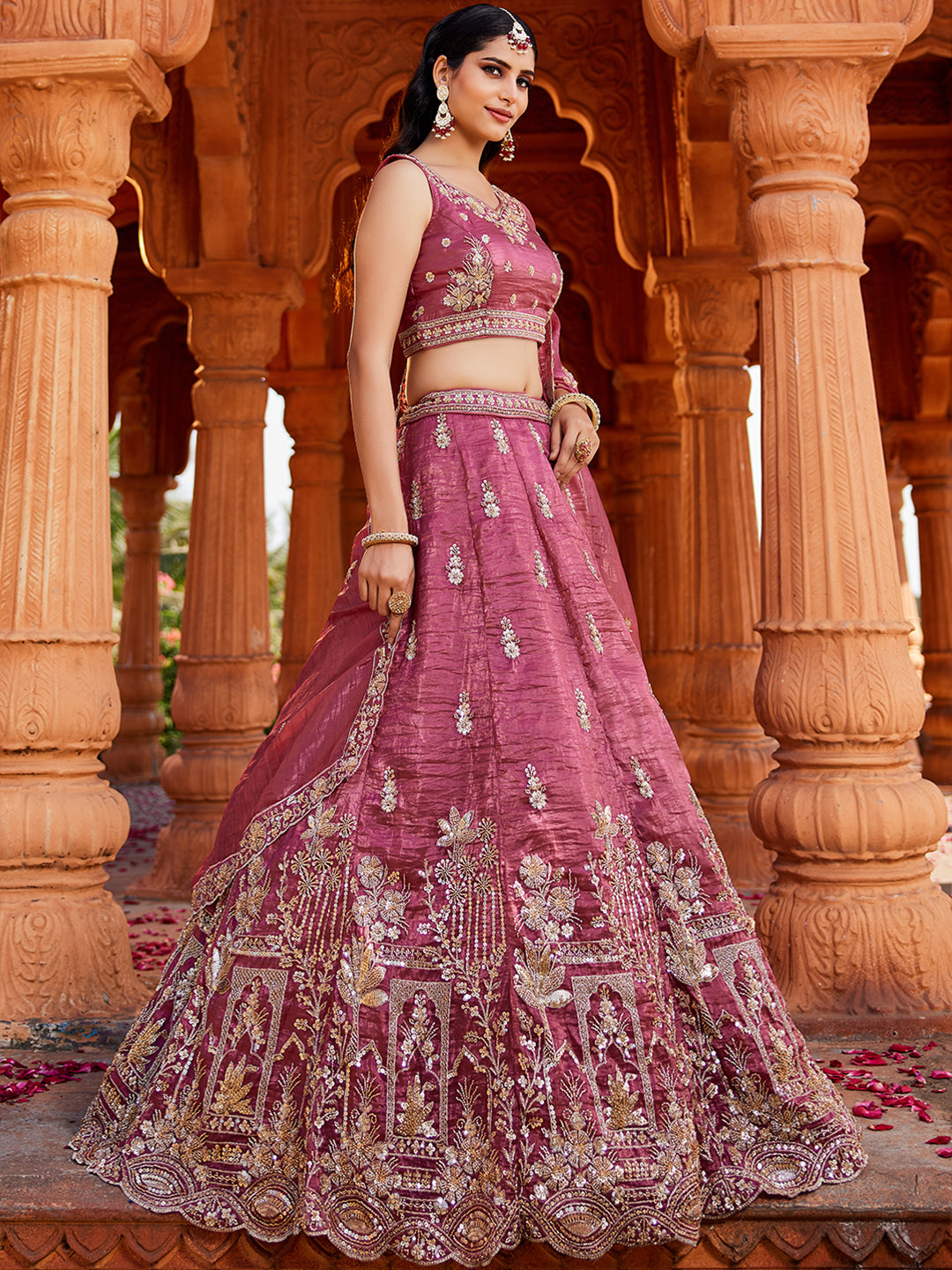 Tissue Fabric Handwork cutdana embroidery Semi-Stitched Lehenga choli & Dupatta