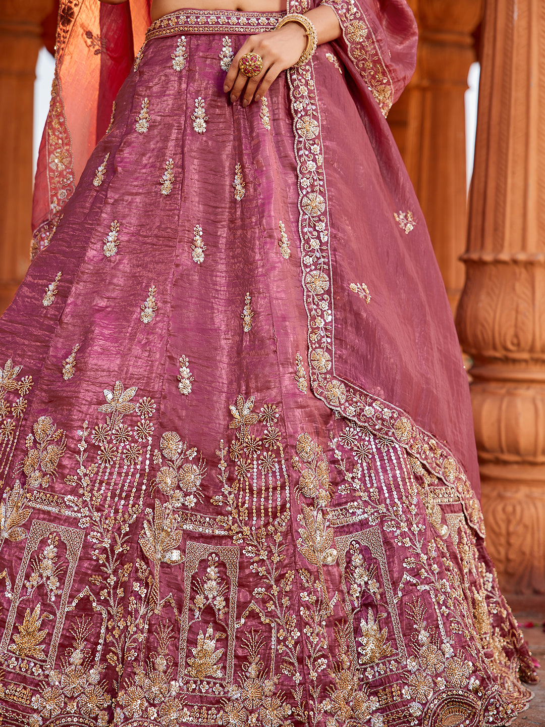 Tissue Fabric Handwork cutdana embroidery Semi-Stitched Lehenga choli & Dupatta