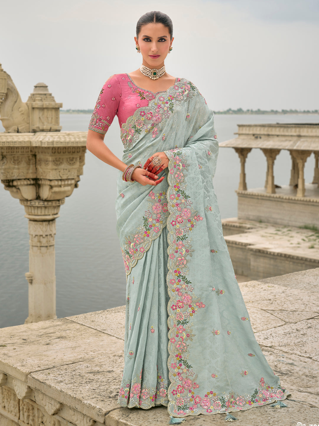 Light Blue Color Banarasi Silk Embroidered with Heavy Border Cutwork Saree with Contrast Blouse