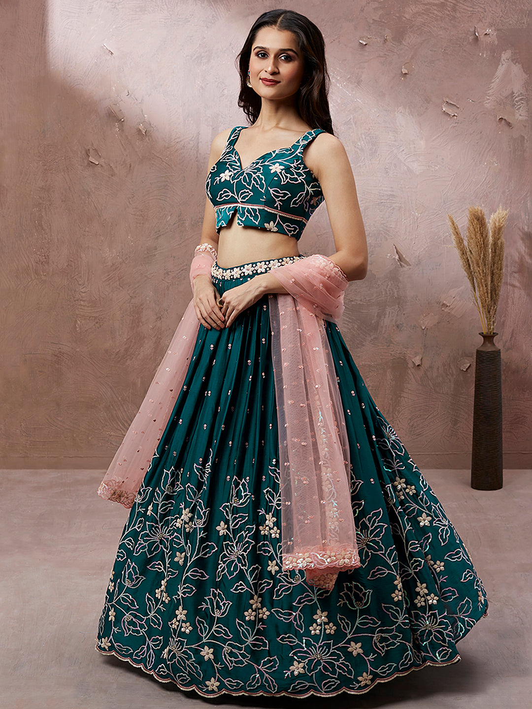 Teal Georgette Sequined Embroidered Semi-Stitched Lehenga choli