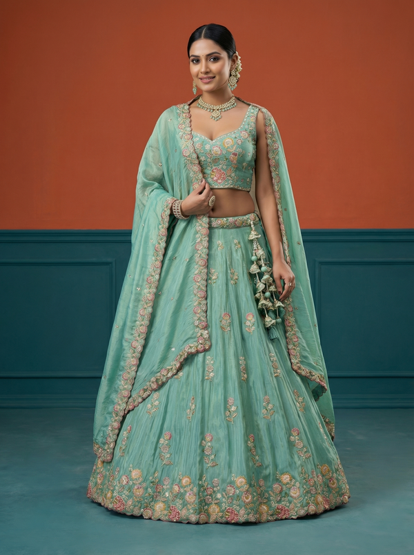 Satin Silk Fabric Sequins embroidery Semi-Stitched Lehenga & Unstitched Blouse With Dupatta
