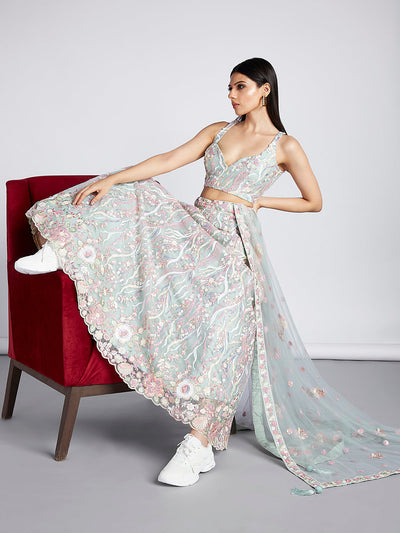 Multi-Sequins & Thread Work Embroidery Net Semi-Stitched Lehenga House of Panchhi
#color_limegreen