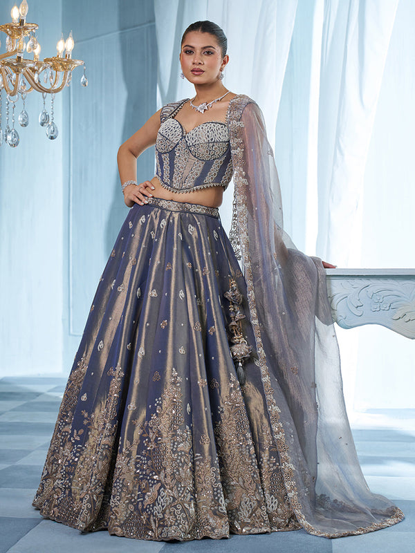 Dusty Blue Tissue Rose Gold Beadwork, Floral Motifs Semi-Stitched Lehenga Set House of Panchhi