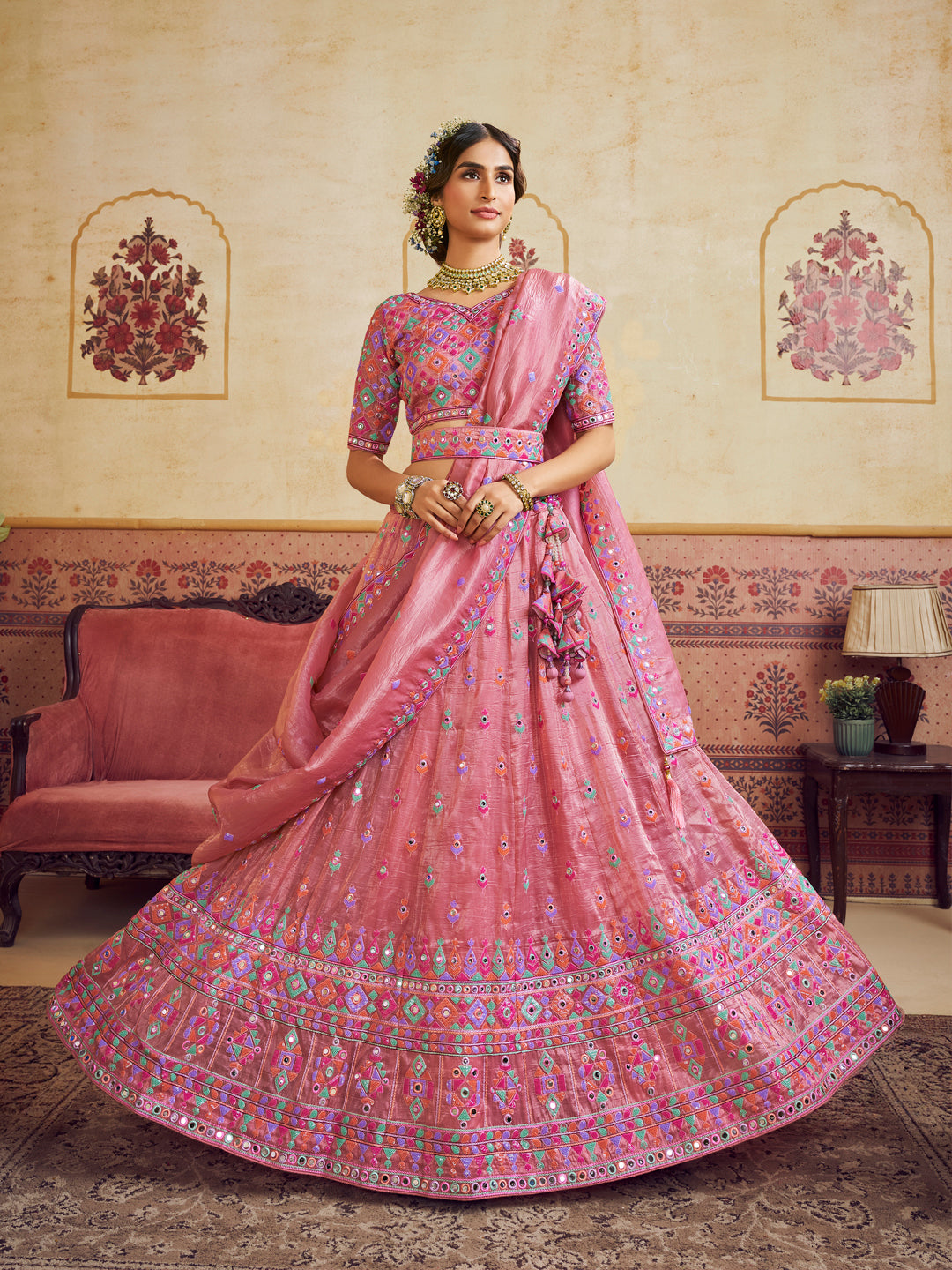 Organza Fabric Sequins embroidery Semi-Stitched Lehenga choli & Dupatta House of Panchhi