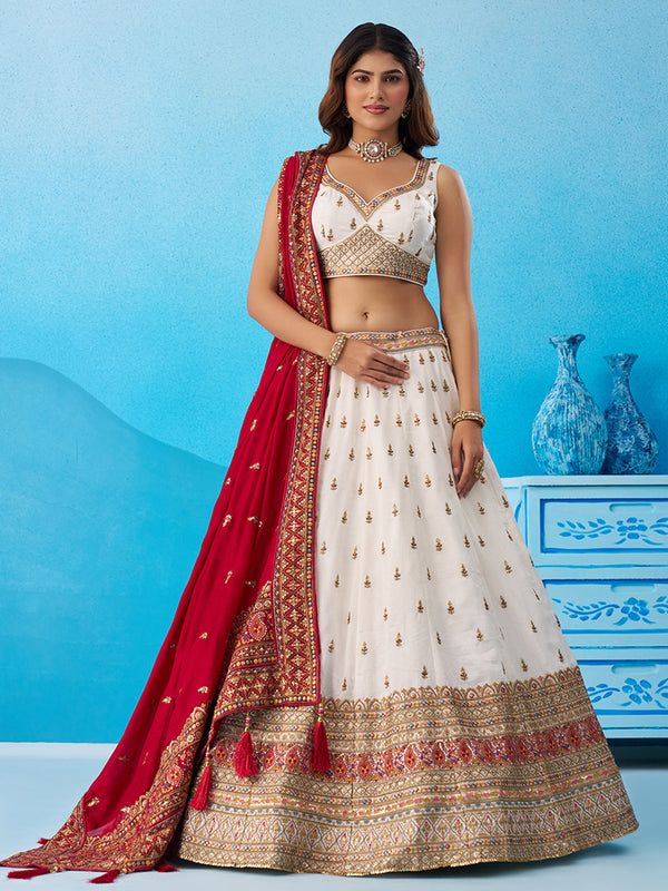Chinnon Silk Sequinned Thread & Zari Embroidered Semi-Stitched Lehenga set House of Panchhi