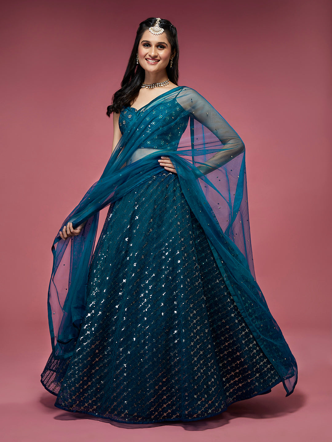 Teal Net Sequins Embroidered Semi-Stitched Lehenga