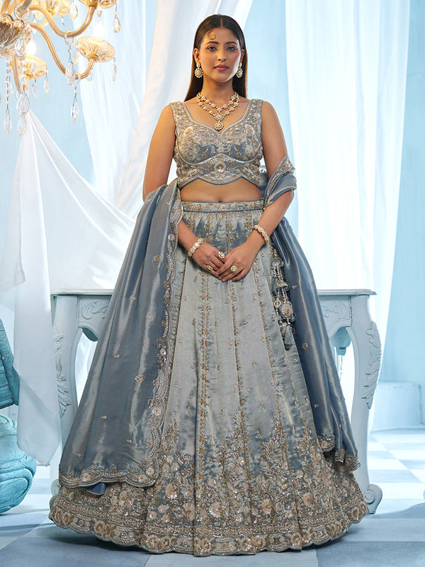 Blue Tissue Floral White Beads Embroidered Semi-Stitched Lehenga Set House of Panchhi