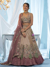 Cream & Purple Tissue Peacock Embroidered Semi-Stitched Lehenga Set