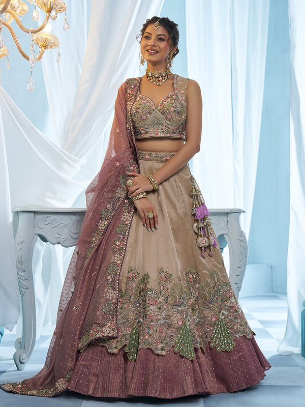 Cream & Purple Tissue Peacock Embroidered Semi-Stitched Lehenga Set House of Panchhi