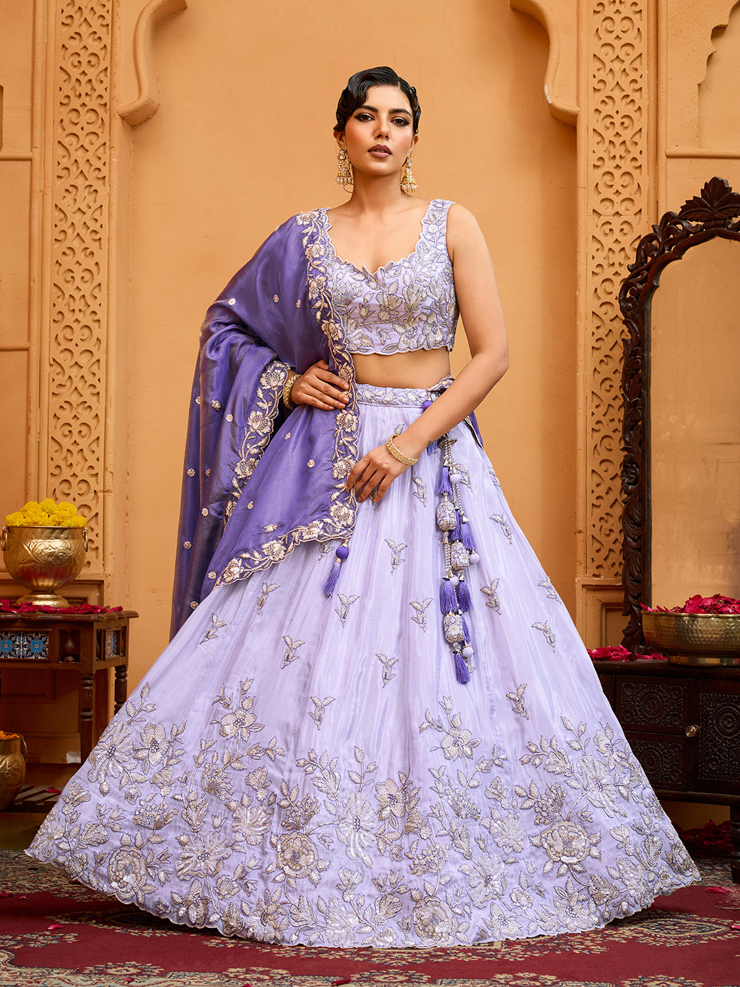 Lavender- Tissue Fabric Sequins embroidery Semi-Stitched Lehenga & Unstitched Blouse With Dupatta houseofpanchhi