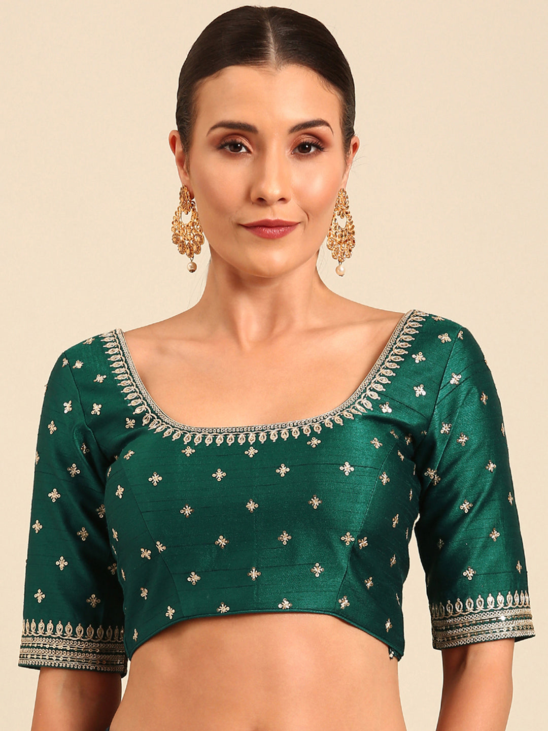 Green-Toned Pure Silk Embroidery Work Readymade Blouse