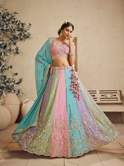 Multi Color Kali Georgette Fabric Golden Sequined,Thread,Coding Embroidered Semi-Stitched Lehenga choli House of Panchhi