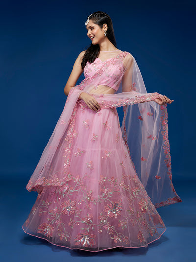 Pink Net Peach Colour Sequins Work Semi-Stitched Lehenga