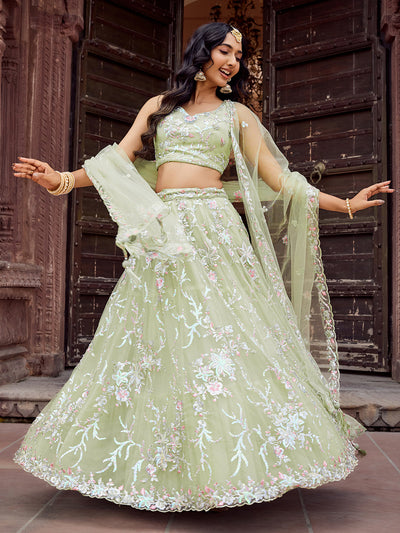 Net Fabric Sequins embroidery Semi-Stitched Lehenga & Unstitched Blouse With Dupatta House of Panchhi
