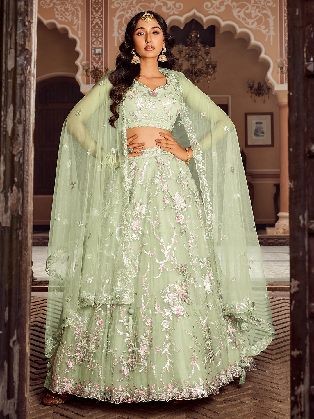 Net Fabric Sequins embroidery Semi-Stitched Lehenga & Unstitched Blouse With Dupatta House of Panchhi