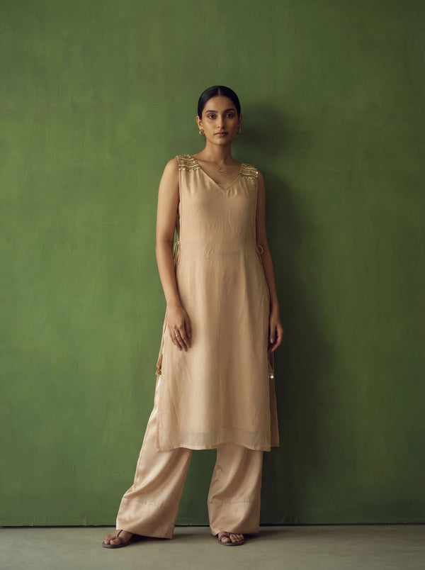 Beige Silk Solid Crop Top with Uper layer Transparent Kurti & Pant Set House of Panchhi