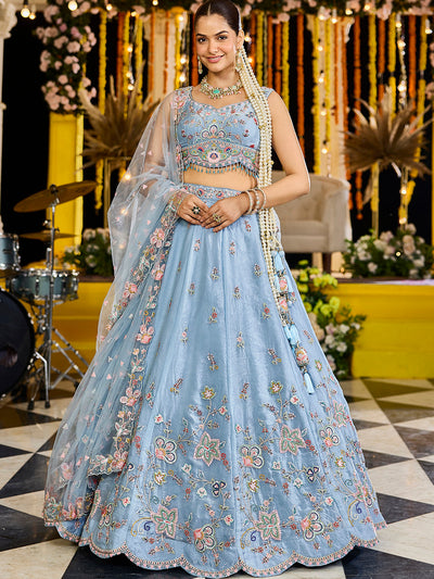 Satin Silk Fabric Sequinned Embroidered Ready to Wear Lehenga Choli & Dupatta House of Panchhi