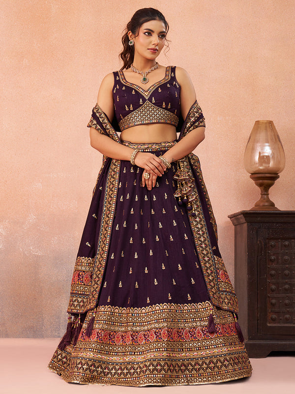 Chinnon Silk Sequinned Thread & Zari Embroidered Semi-Stitched Lehenga set House of Panchhi